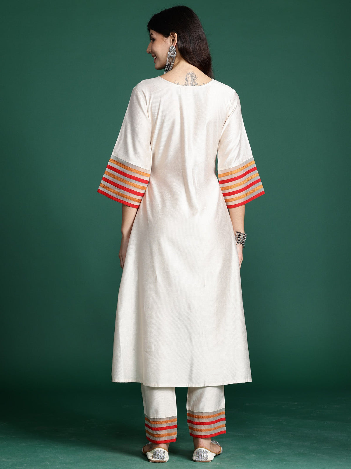 Indo Era Off White Embroidered A-Line Kurta Trousers set | Grocsy