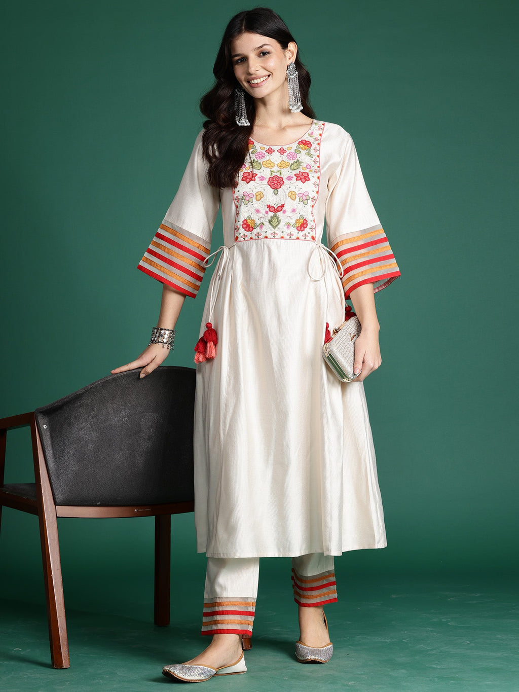 Indo Era Off White Embroidered A-Line Kurta Trousers set | Grocsy