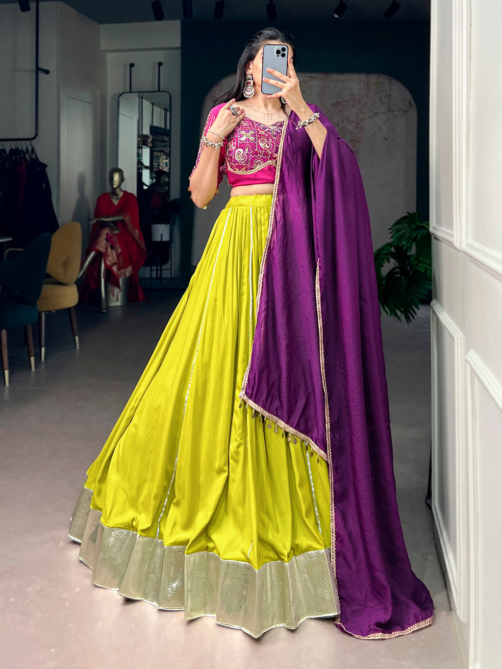 Lorenvalley Fashion Neon Yellow Rayon Embossed Design Lace Border Lehenga Choli With Dupatta | Grocsy