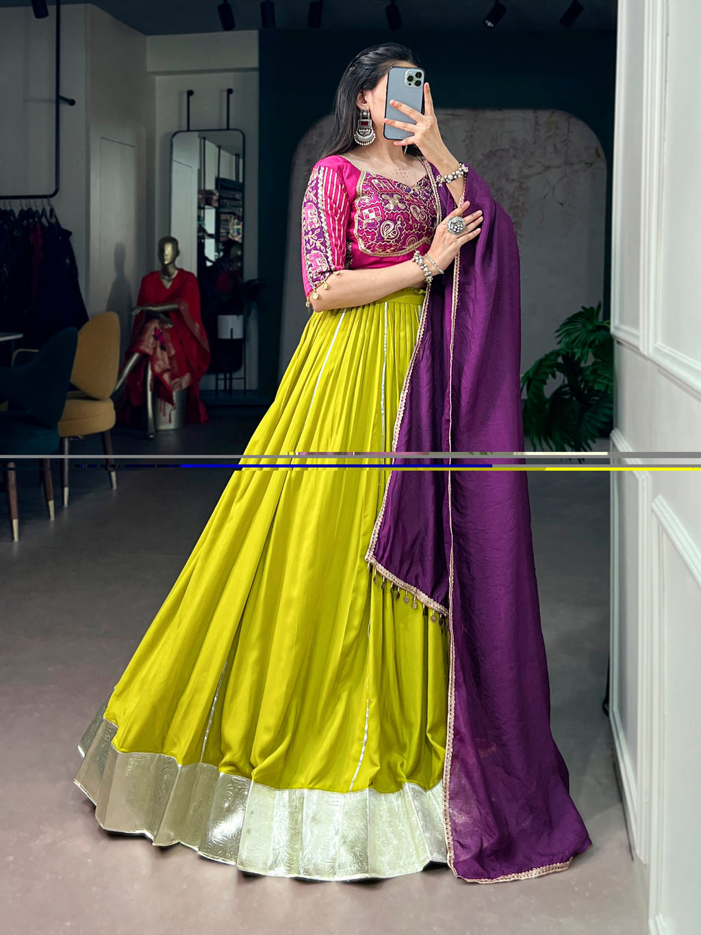 Lorenvalley Fashion Neon Yellow Rayon Embossed Design Lace Border Lehenga Choli With Dupatta | Grocsy
