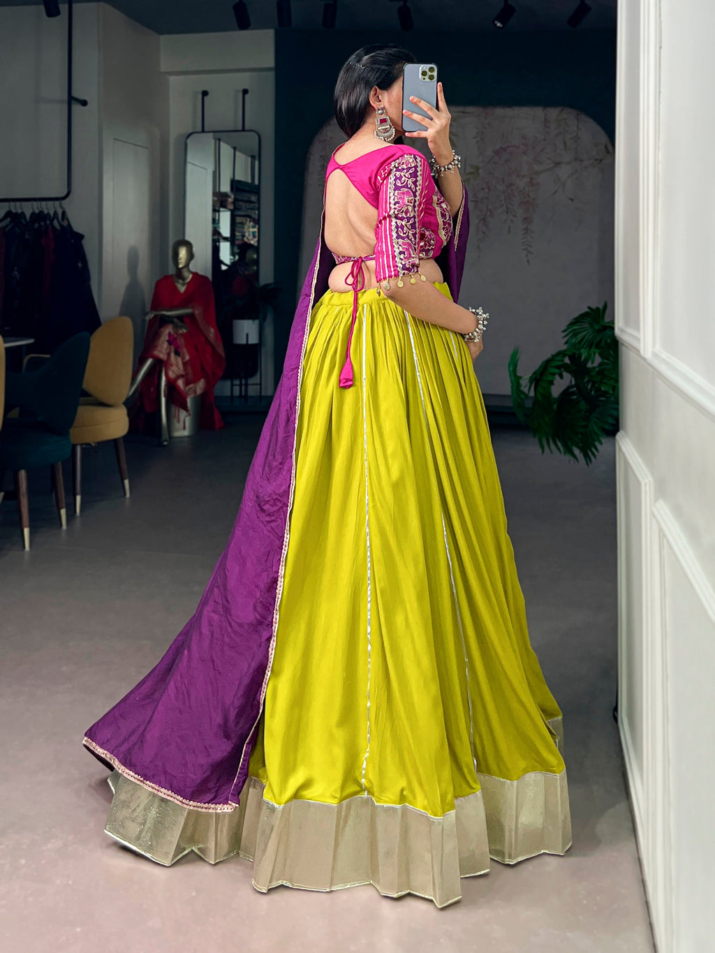Lorenvalley Fashion Neon Yellow Rayon Embossed Design Lace Border Lehenga Choli With Dupatta | Grocsy