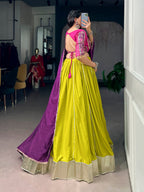 Lorenvalley Fashion Neon Yellow Rayon Embossed Design Lace Border Lehenga Choli With Dupatta | Grocsy