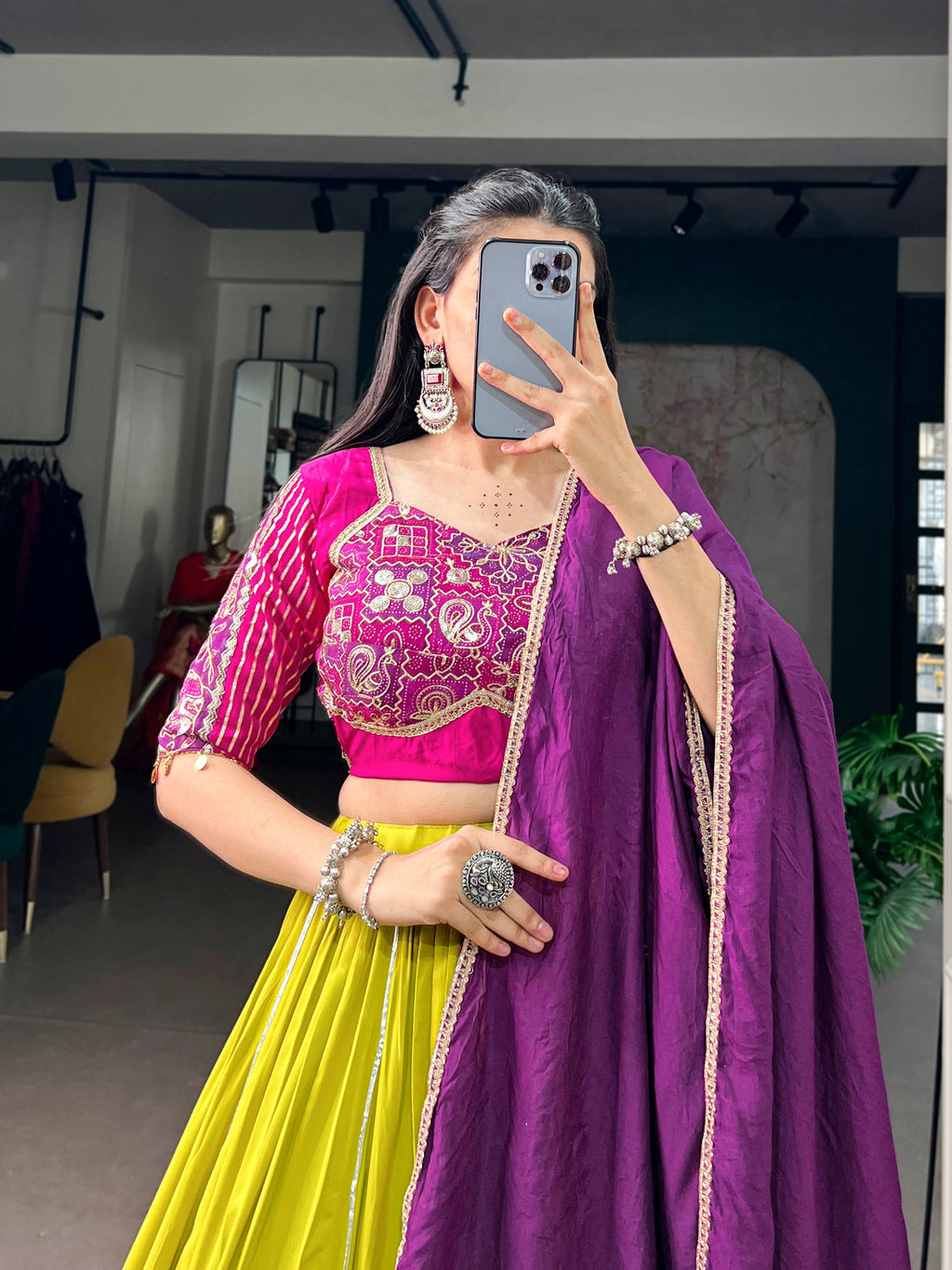 Lorenvalley Fashion Neon Yellow Rayon Embossed Design Lace Border Lehenga Choli With Dupatta | Grocsy