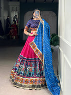 Lorenvalley Fashion Pink Tasar Silk Print with Foil Work and Real Mirror Gamthi Work with Lace Touch Up Lehenga Choli with Dupatta | Grocsy