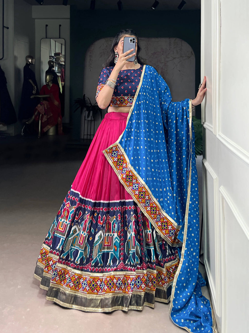 Lorenvalley Fashion Pink Tasar Silk Print with Foil Work and Real Mirror Gamthi Work with Lace Touch Up Lehenga Choli with Dupatta | Grocsy