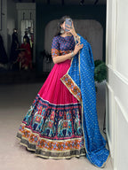 Lorenvalley Fashion Pink Tasar Silk Print with Foil Work and Real Mirror Gamthi Work with Lace Touch Up Lehenga Choli with Dupatta | Grocsy