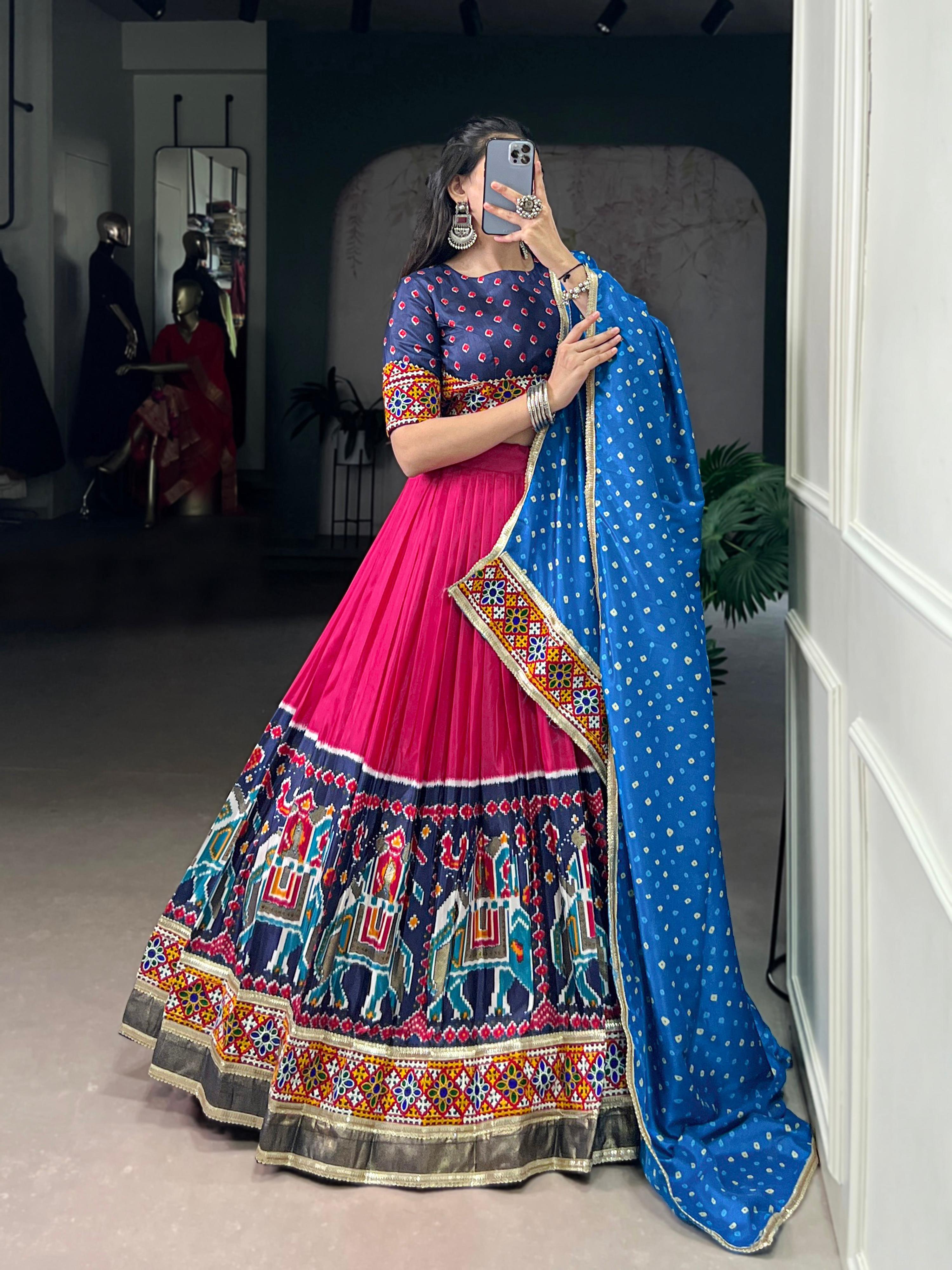 Lorenvalley Fashion Pink Tasar Silk Print with Foil Work and Real Mirror Gamthi Work with Lace Touch Up Lehenga Choli with Dupatta | Grocsy
