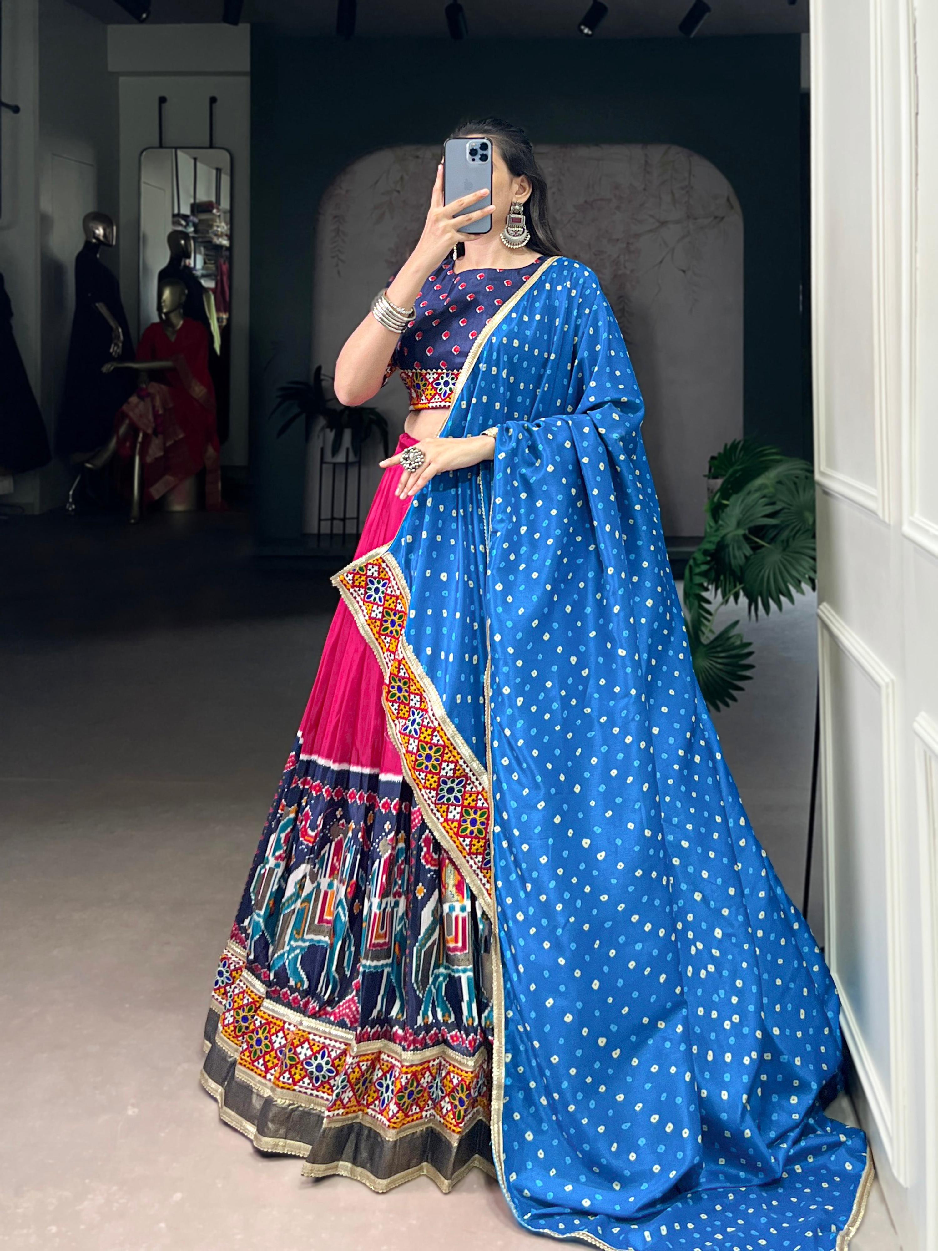 Lorenvalley Fashion Pink Tasar Silk Print with Foil Work and Real Mirror Gamthi Work with Lace Touch Up Lehenga Choli with Dupatta | Grocsy