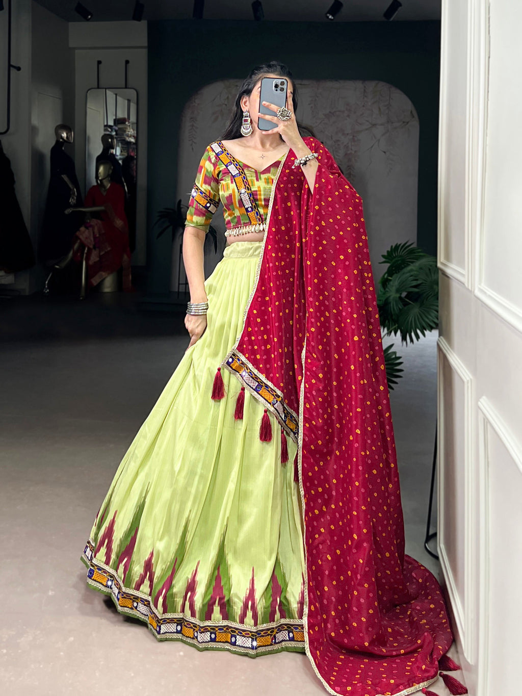 Lorenvalley Fashion Parotgreen Tasar Silk Print with Foil Work and Real Mirror Gamthi Work with Lace Touch Up Lehenga Choli with Dupatta | Grocsy