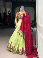 Lorenvalley Fashion Parotgreen Tasar Silk Print with Foil Work and Real Mirror Gamthi Work with Lace Touch Up Lehenga Choli with Dupatta | Grocsy