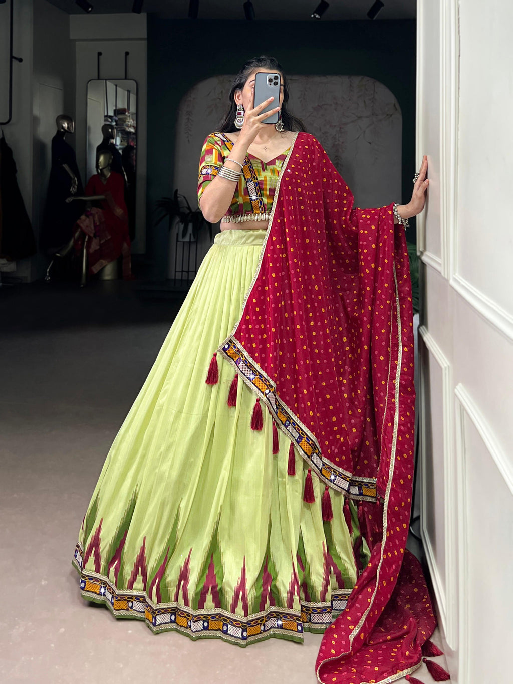 Lorenvalley Fashion Parotgreen Tasar Silk Print with Foil Work and Real Mirror Gamthi Work with Lace Touch Up Lehenga Choli with Dupatta | Grocsy