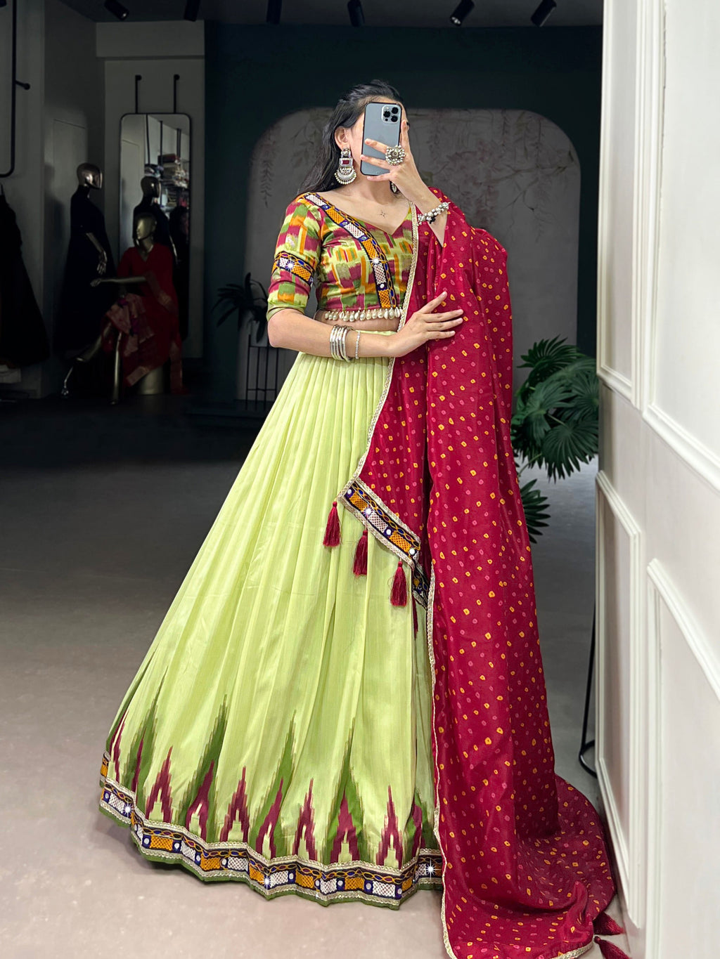 Lorenvalley Fashion Parotgreen Tasar Silk Print with Foil Work and Real Mirror Gamthi Work with Lace Touch Up Lehenga Choli with Dupatta | Grocsy
