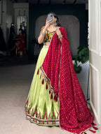 Lorenvalley Fashion Parotgreen Tasar Silk Print with Foil Work and Real Mirror Gamthi Work with Lace Touch Up Lehenga Choli with Dupatta | Grocsy