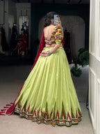 Lorenvalley Fashion Parotgreen Tasar Silk Print with Foil Work and Real Mirror Gamthi Work with Lace Touch Up Lehenga Choli with Dupatta | Grocsy