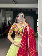Lorenvalley Fashion Parotgreen Tasar Silk Print with Foil Work and Real Mirror Gamthi Work with Lace Touch Up Lehenga Choli with Dupatta | Grocsy