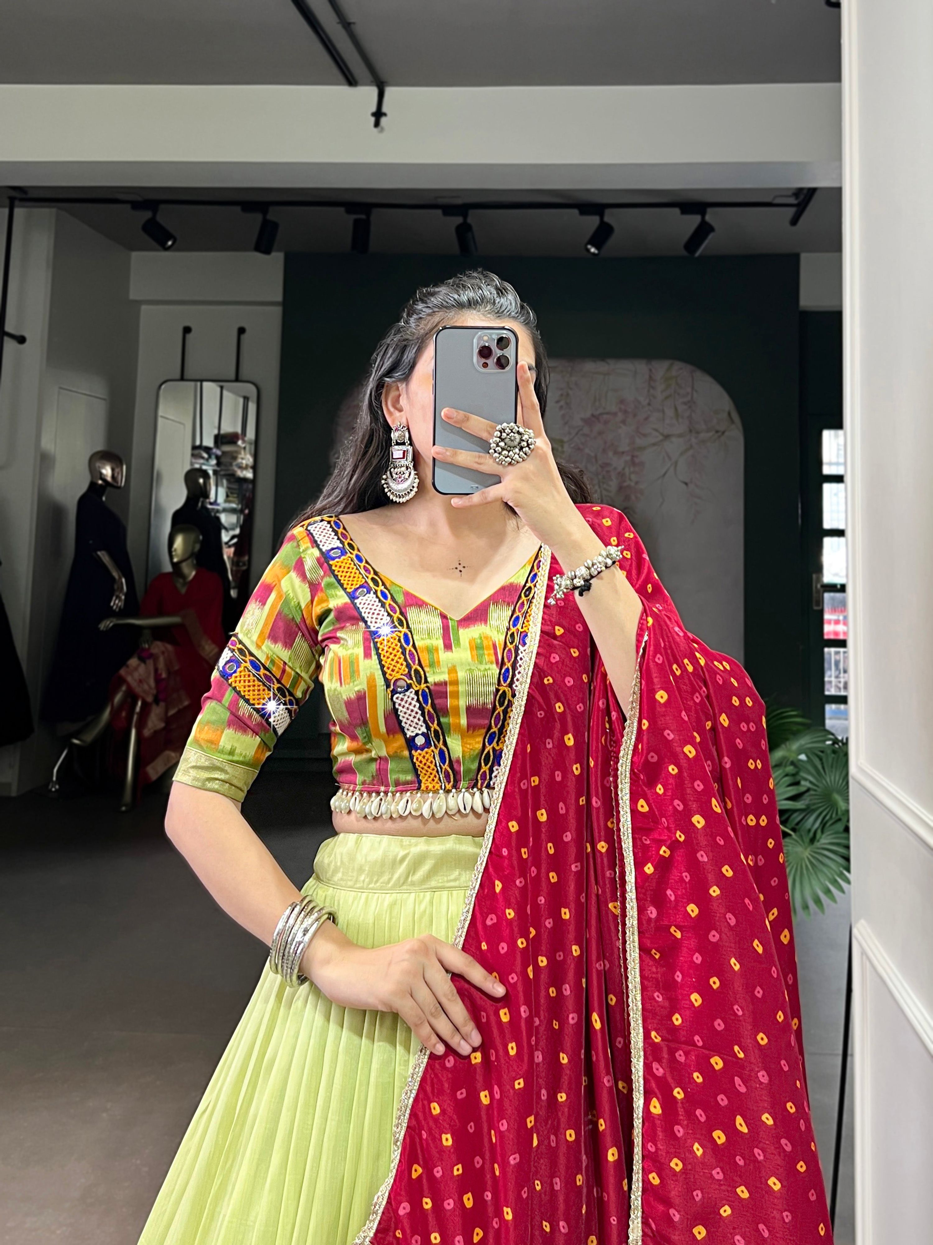 Lorenvalley Fashion Parotgreen Tasar Silk Print with Foil Work and Real Mirror Gamthi Work with Lace Touch Up Lehenga Choli with Dupatta | Grocsy