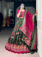Lorenvalley Fashion Mehendi Tasar Silk Foil Printed With Mirror Gamthi Work Lehenga Choli With Dupatta | Grocsy