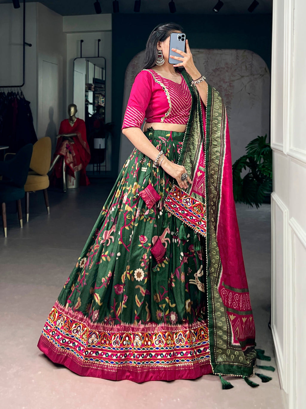 Lorenvalley Fashion Mehendi Tasar Silk Foil Printed With Mirror Gamthi Work Lehenga Choli With Dupatta | Grocsy