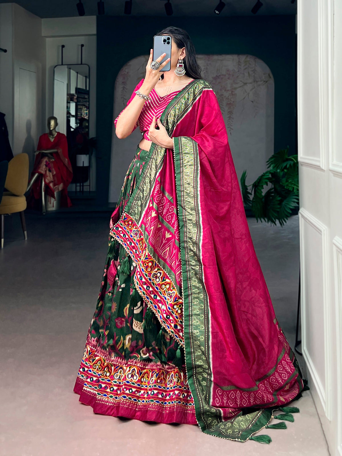 Lorenvalley Fashion Mehendi Tasar Silk Foil Printed With Mirror Gamthi Work Lehenga Choli With Dupatta | Grocsy