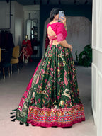 Lorenvalley Fashion Mehendi Tasar Silk Foil Printed With Mirror Gamthi Work Lehenga Choli With Dupatta | Grocsy
