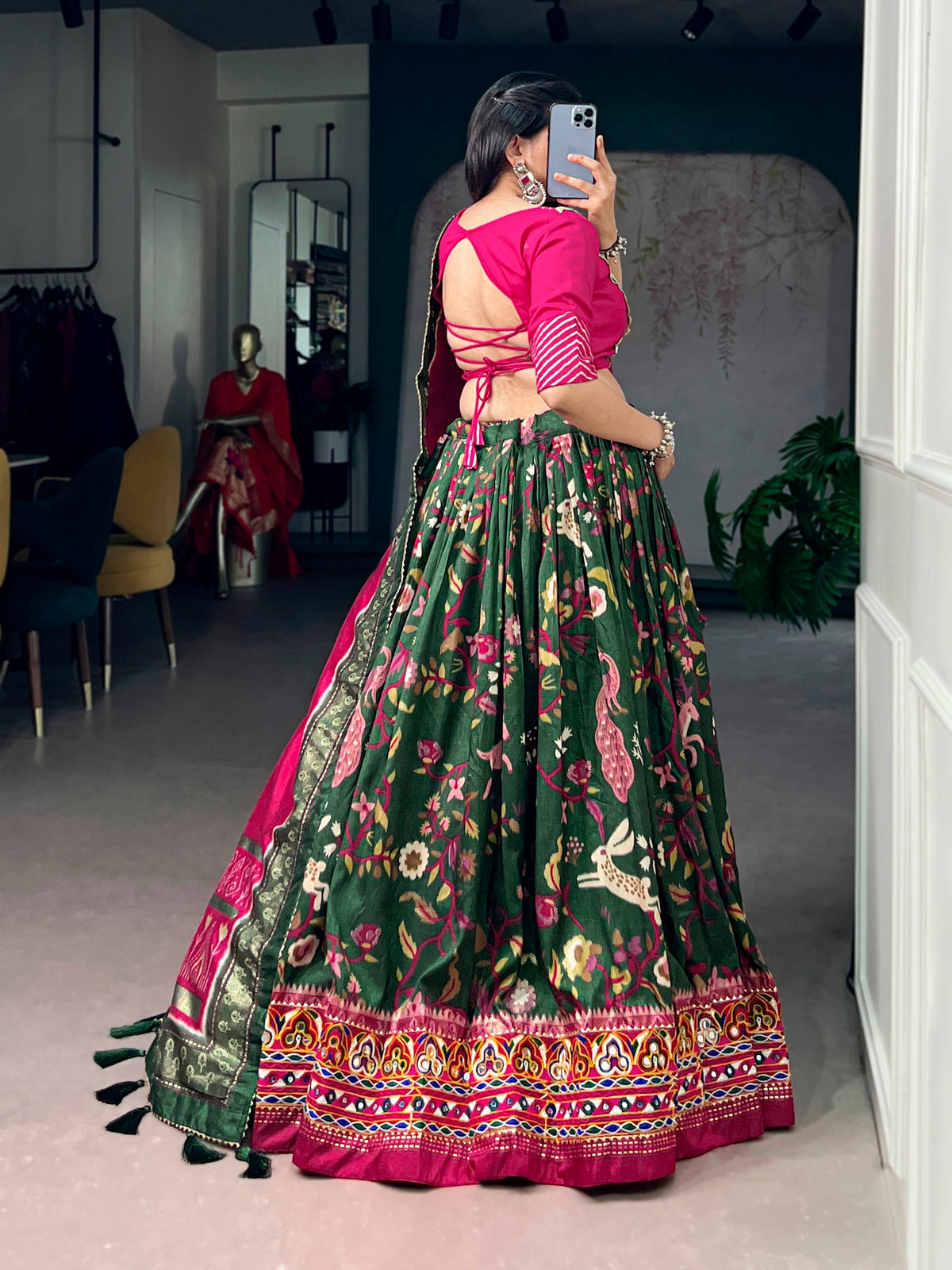 Lorenvalley Fashion Mehendi Tasar Silk Foil Printed With Mirror Gamthi Work Lehenga Choli With Dupatta | Grocsy