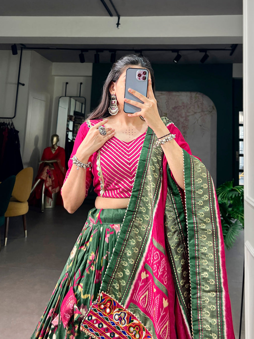 Lorenvalley Fashion Mehendi Tasar Silk Foil Printed With Mirror Gamthi Work Lehenga Choli With Dupatta | Grocsy