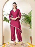 Myshka Women's Wine colour Co-ord set with Lace | Grocsy