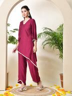 Myshka Women's Wine colour Co-ord set with Lace | Grocsy