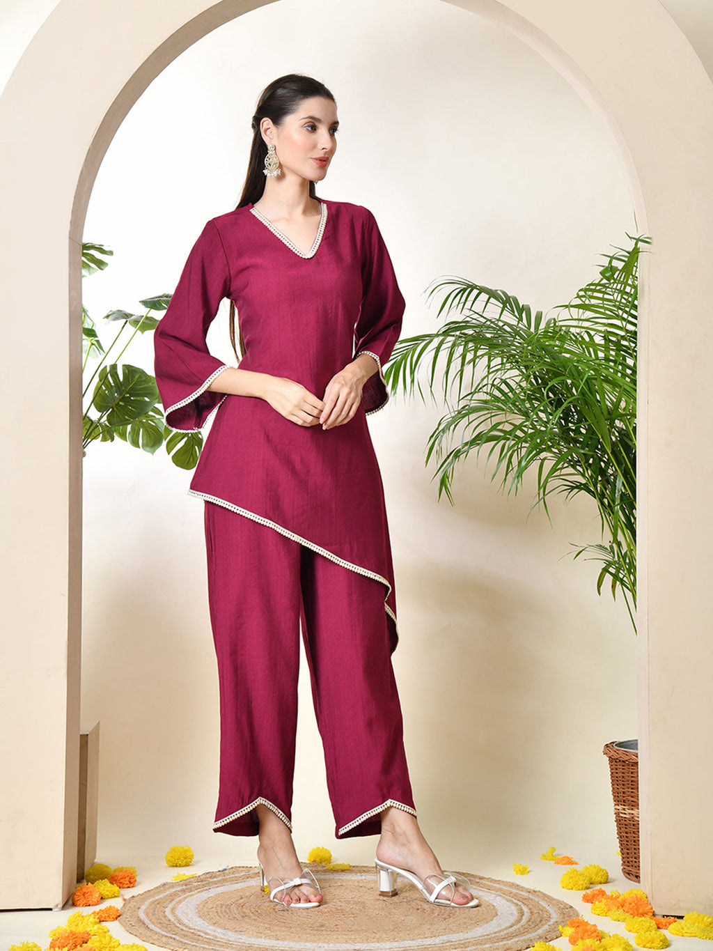 Myshka Women's Wine colour Co-ord set with Lace | Grocsy