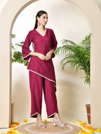 Myshka Women's Wine colour Co-ord set with Lace | Grocsy