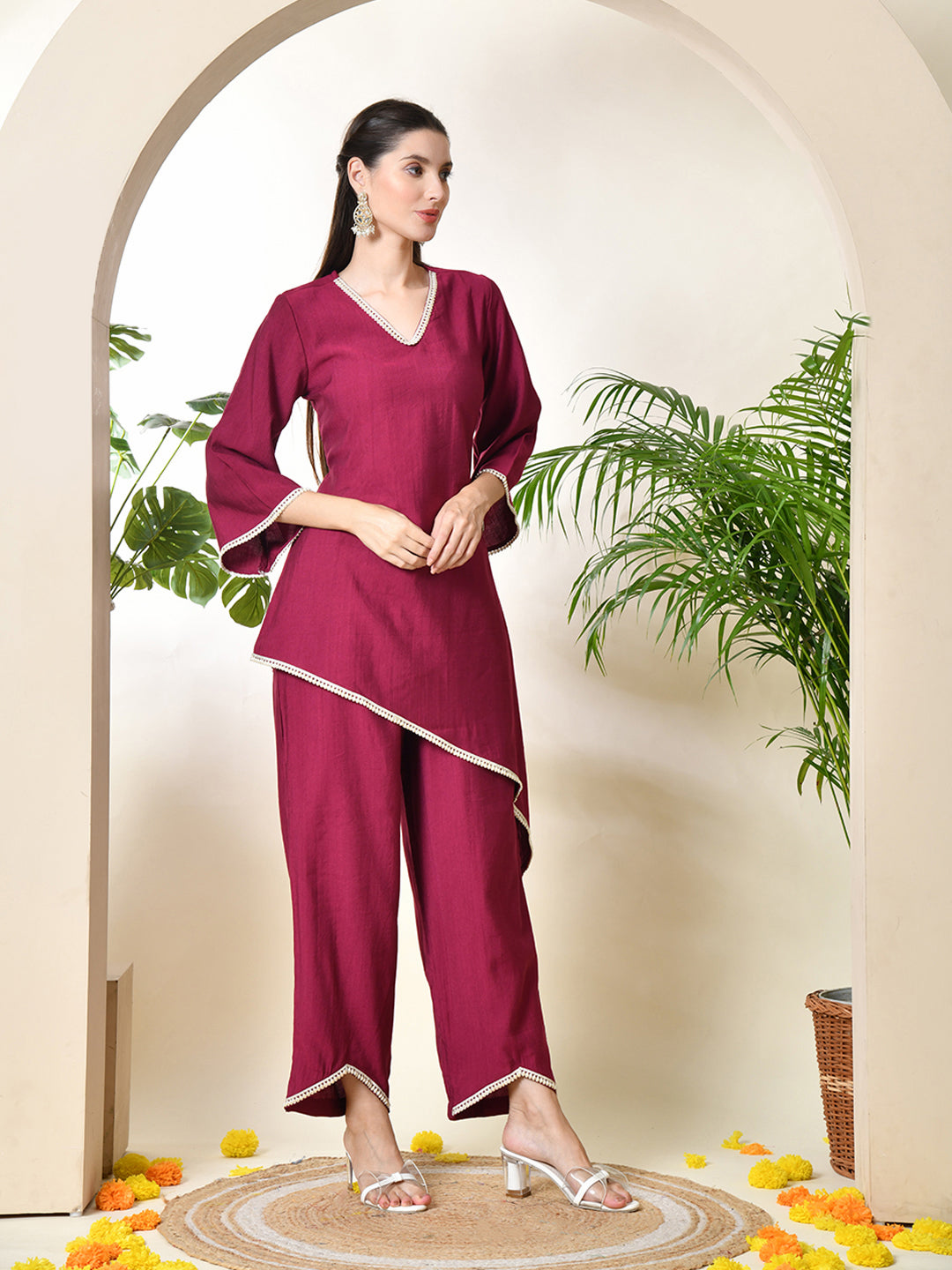 Myshka Women's Wine colour Co-ord set with Lace | Grocsy