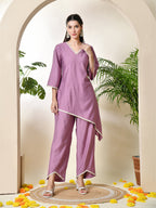 Myshka Women's Lavender colour Co-ord set with Lace | Grocsy