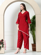 Myshka Women's Red colour Co-ord set with Lace | Grocsy