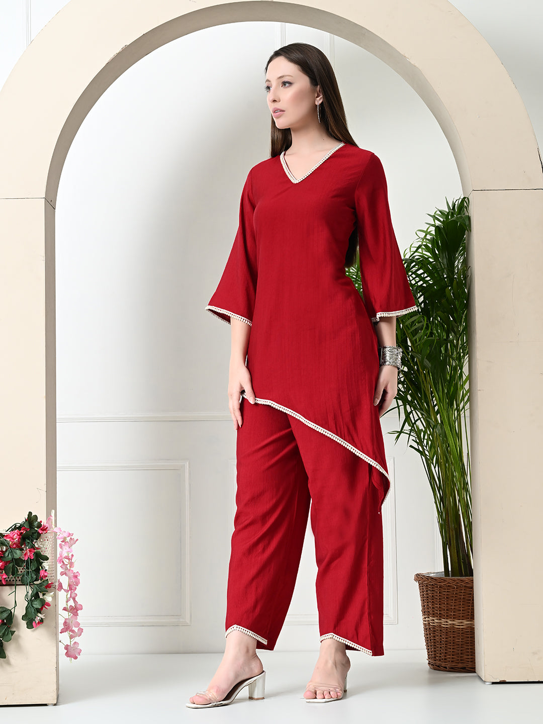 Myshka Women's Red colour Co-ord set with Lace | Grocsy