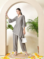 Myshka Women's Grey colour Co-ord set with Lace | Grocsy