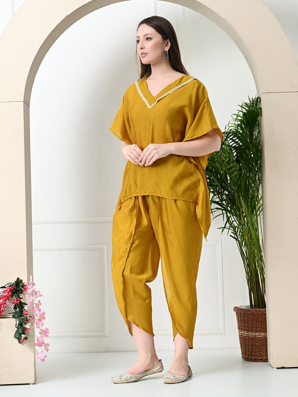 Myshka Women's Yellow colour Co-ord set with Lace | Grocsy