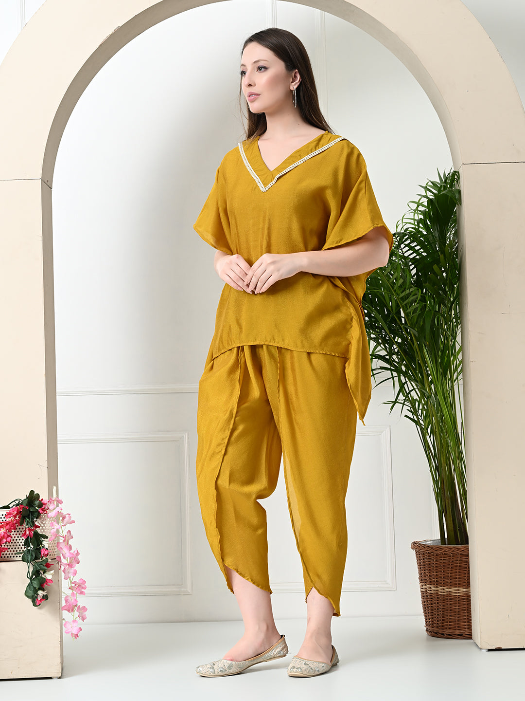 Myshka Women's Yellow colour Co-ord set with Lace | Grocsy