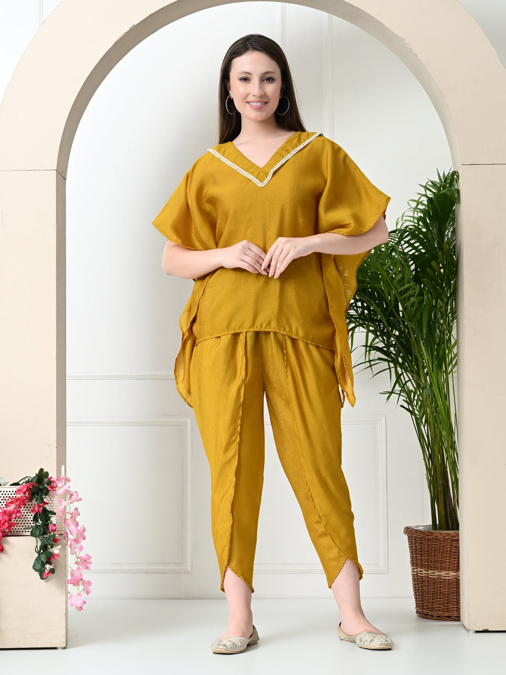 Myshka Women's Yellow colour Co-ord set with Lace | Grocsy