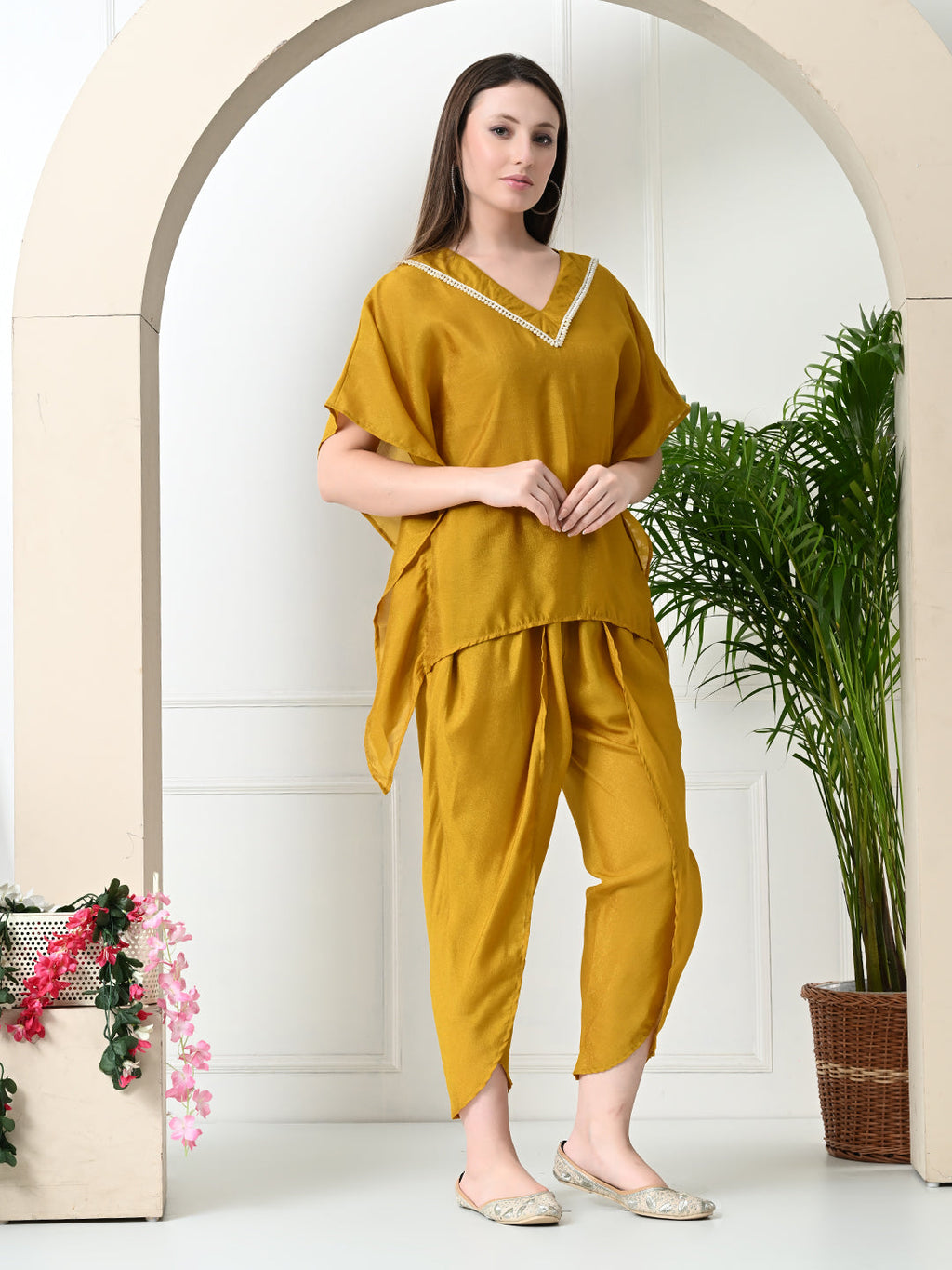 Myshka Women's Yellow colour Co-ord set with Lace | Grocsy