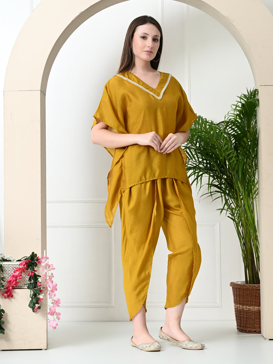 Myshka Women's Yellow colour Co-ord set with Lace | Grocsy