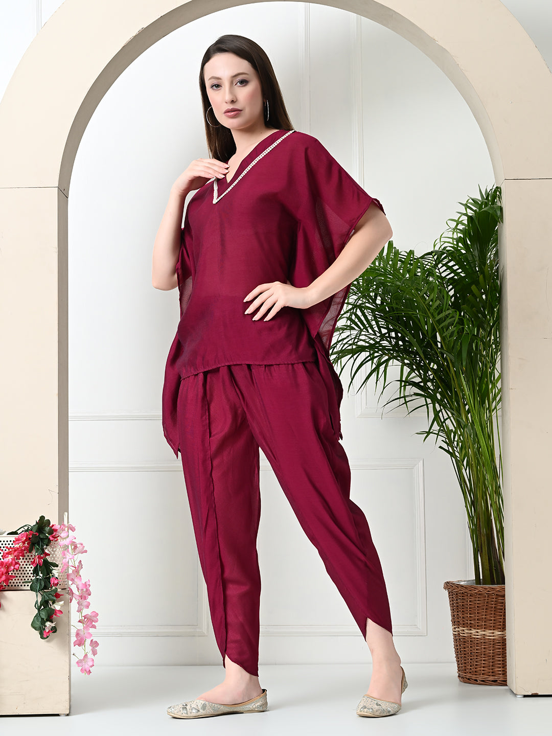 Myshka Women's Wine colour Co-ord set with Lace | Grocsy
