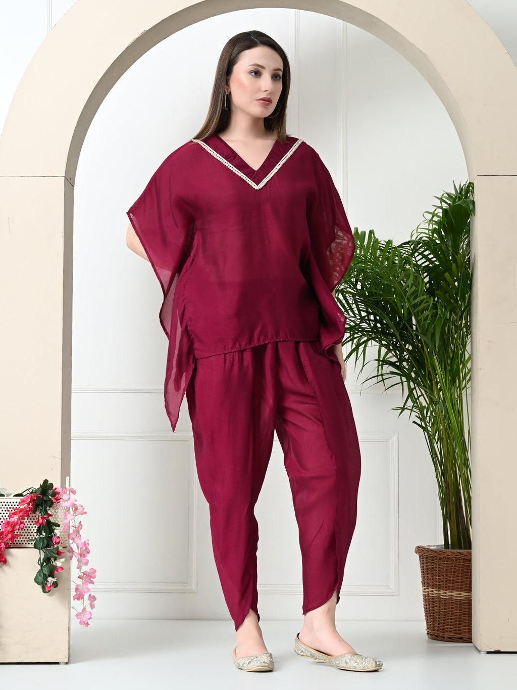 Myshka Women's Wine colour Co-ord set with Lace | Grocsy