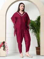 Myshka Women's Wine colour Co-ord set with Lace | Grocsy