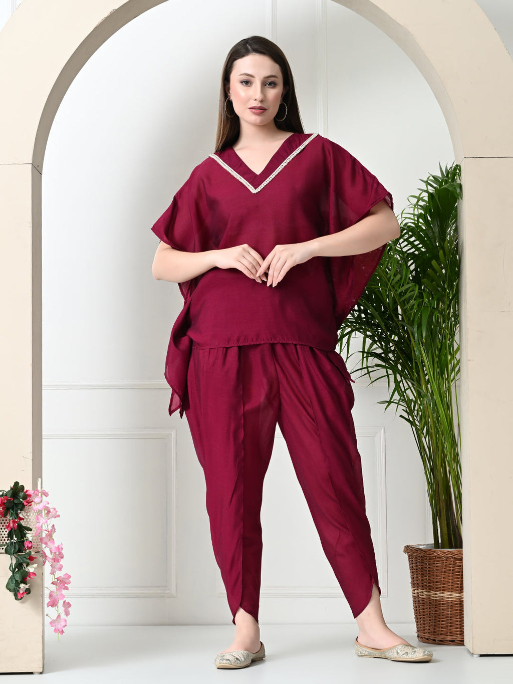 Myshka Women's Wine colour Co-ord set with Lace | Grocsy