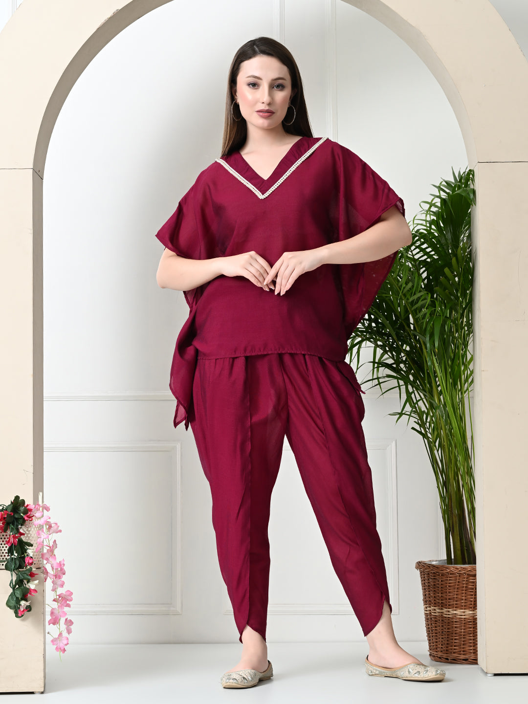 Myshka Women's Wine colour Co-ord set with Lace | Grocsy