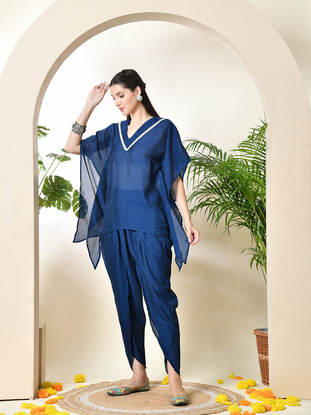 Myshka Women's Navy Blue colour Co-ord set with Lace | Grocsy