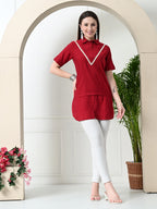 Myshka Women's Solid A-Line Collared Neck Casual Tunic In Red Colour | Grocsy