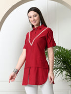 Myshka Women's Solid A-Line Collared Neck Casual Tunic In Red Colour | Grocsy
