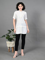 Myshka Women's Solid A-Line Collared Neck Casual Tunic In White Colour | Grocsy