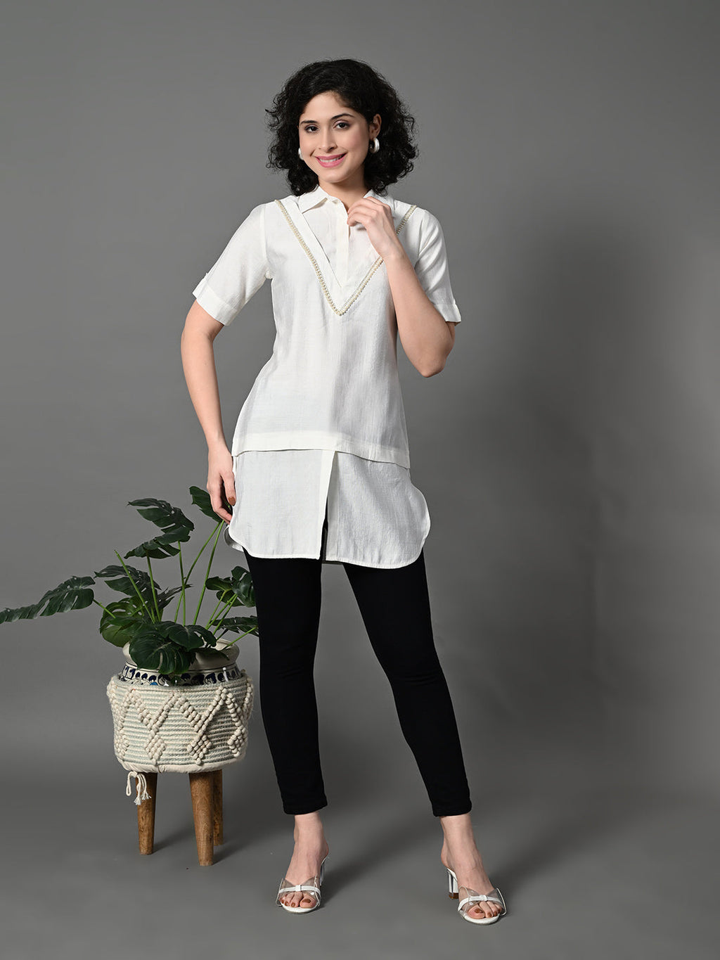 Myshka Women's Solid A-Line Collared Neck Casual Tunic In White Colour | Grocsy